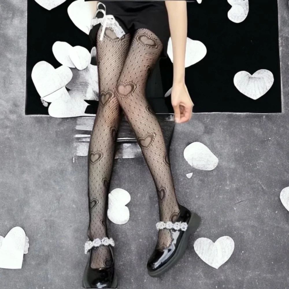 Heart Print Mesh Tights Black Sexy Cut Out High Waist Fishnet Pantyhose One Size